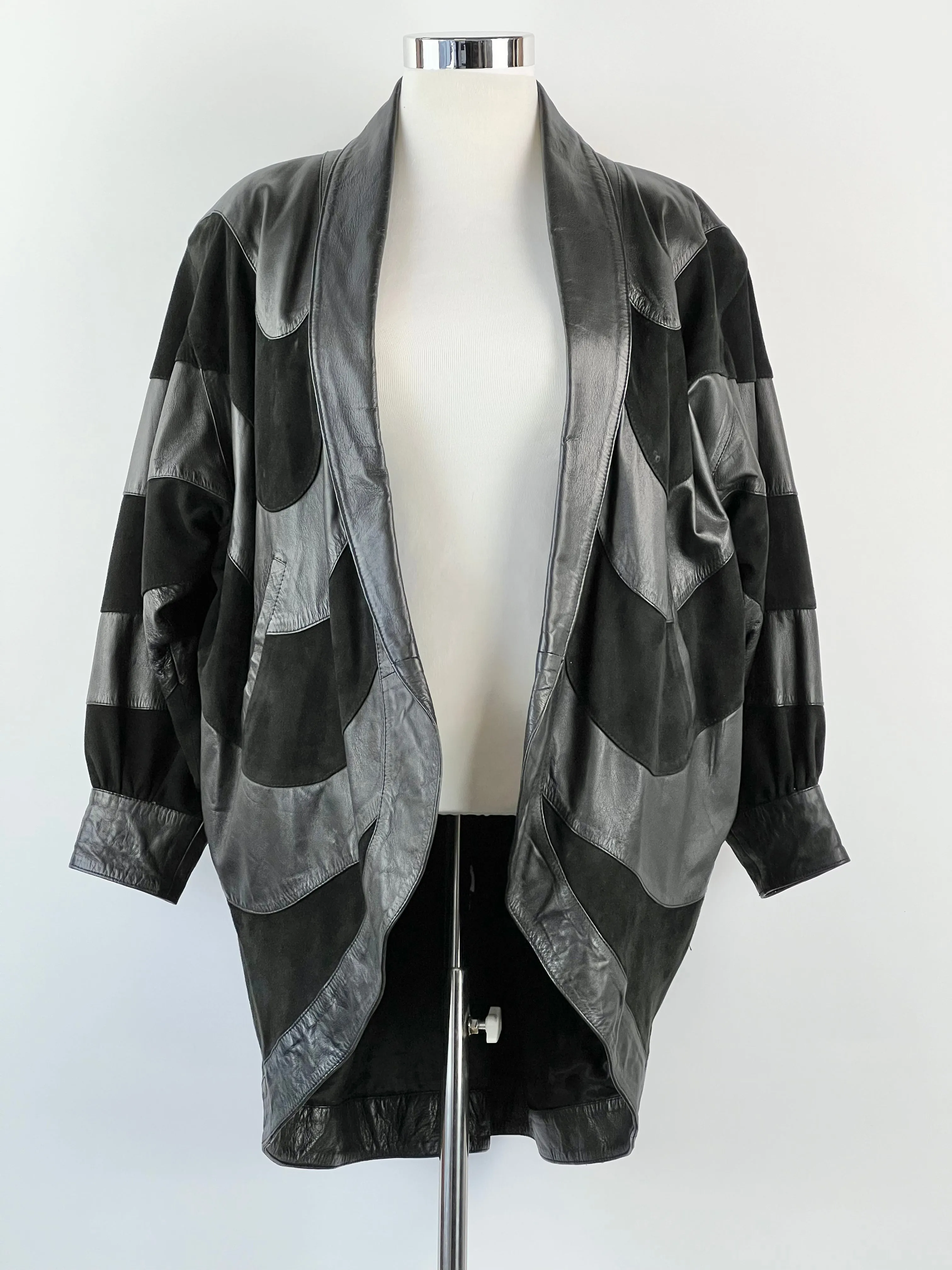 80's Black Leather   Suede Patchwork Coat - AU14-16