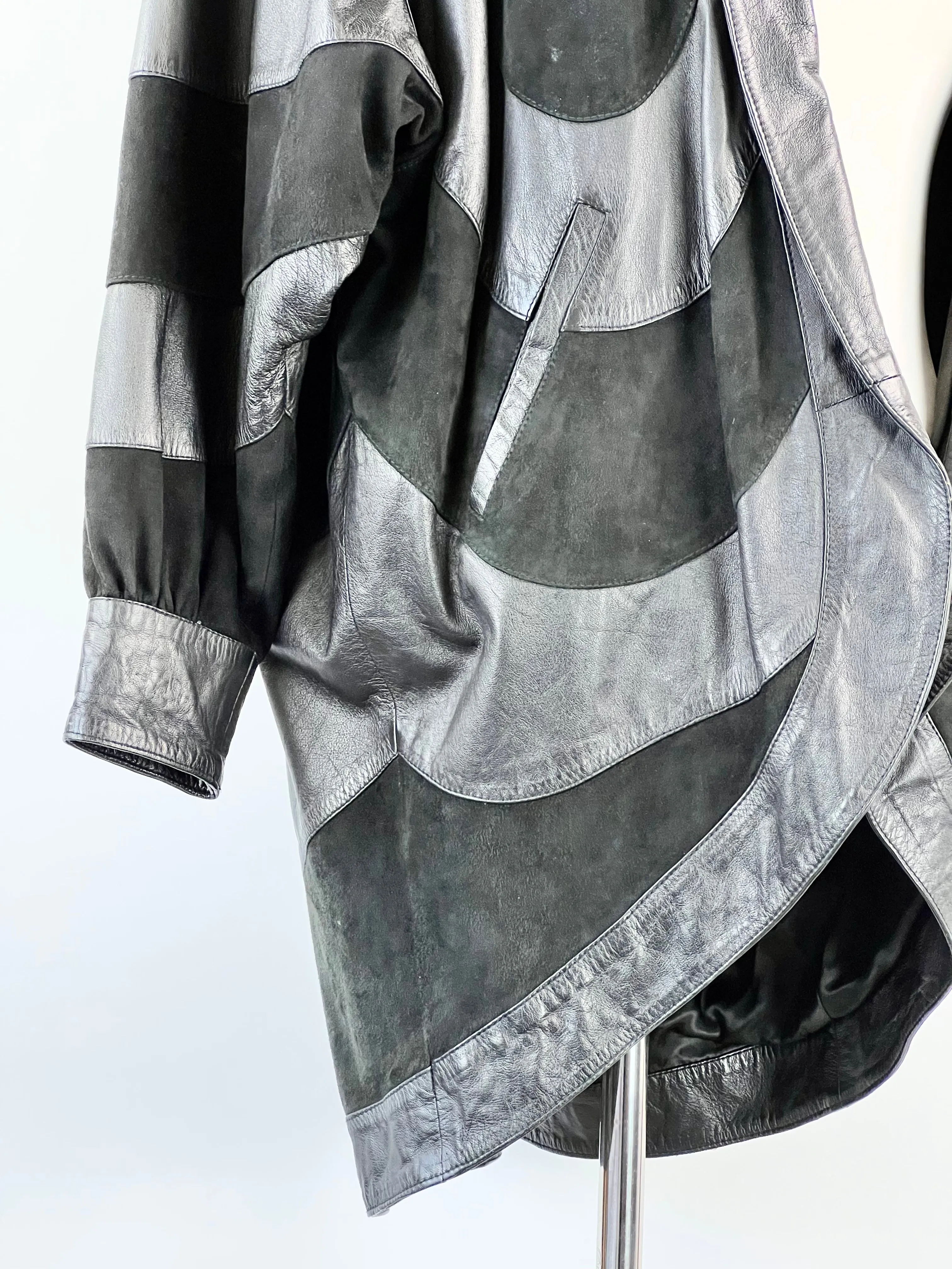 80's Black Leather   Suede Patchwork Coat - AU14-16