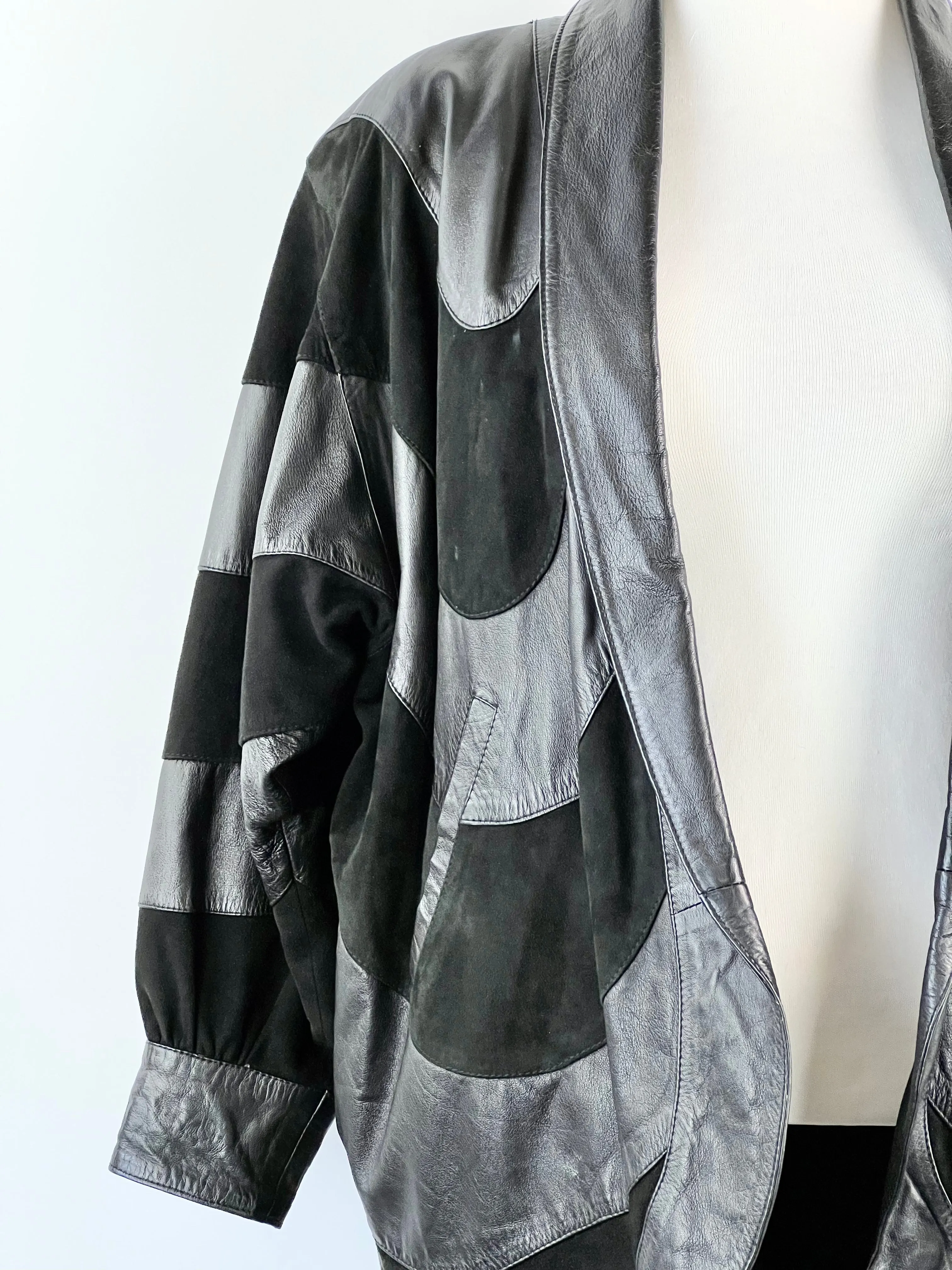 80's Black Leather   Suede Patchwork Coat - AU14-16