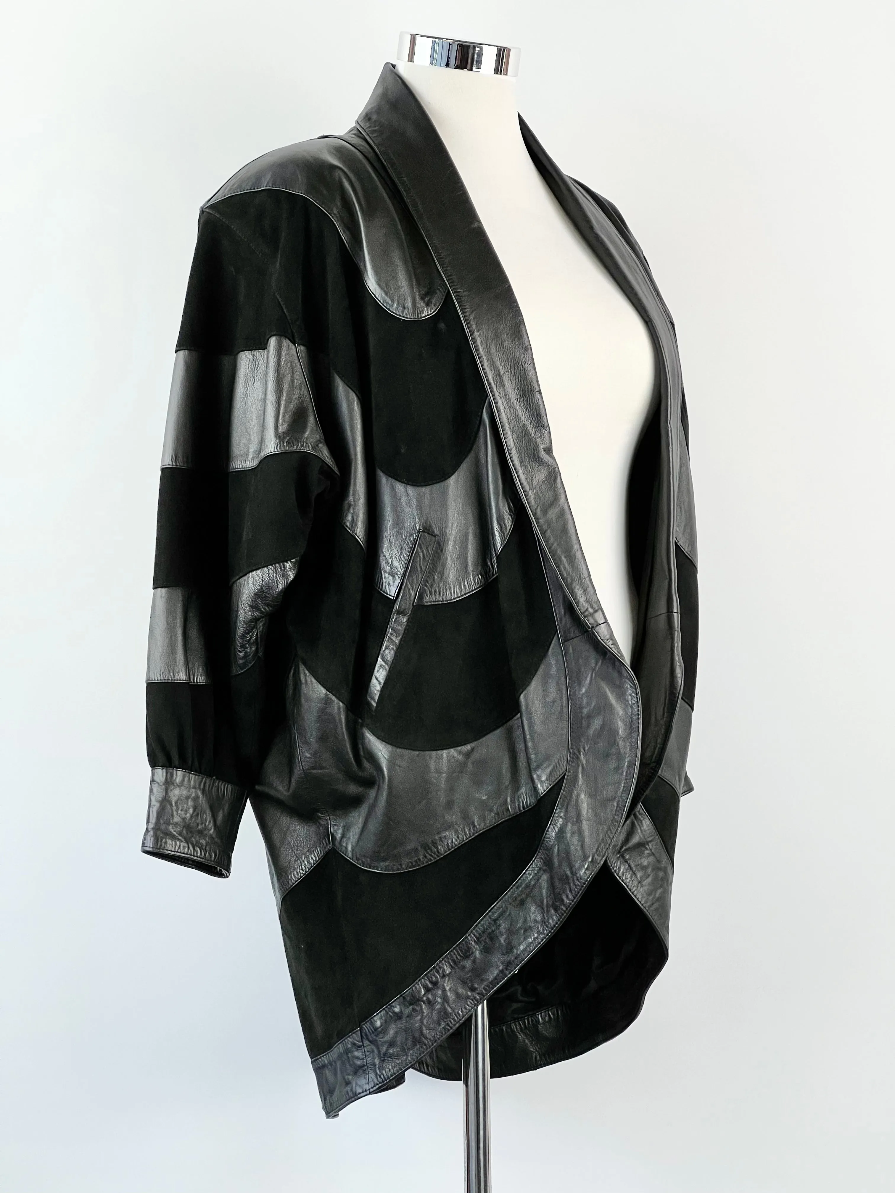 80's Black Leather   Suede Patchwork Coat - AU14-16