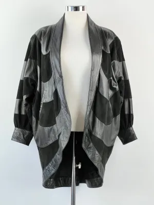 80's Black Leather   Suede Patchwork Coat - AU14-16