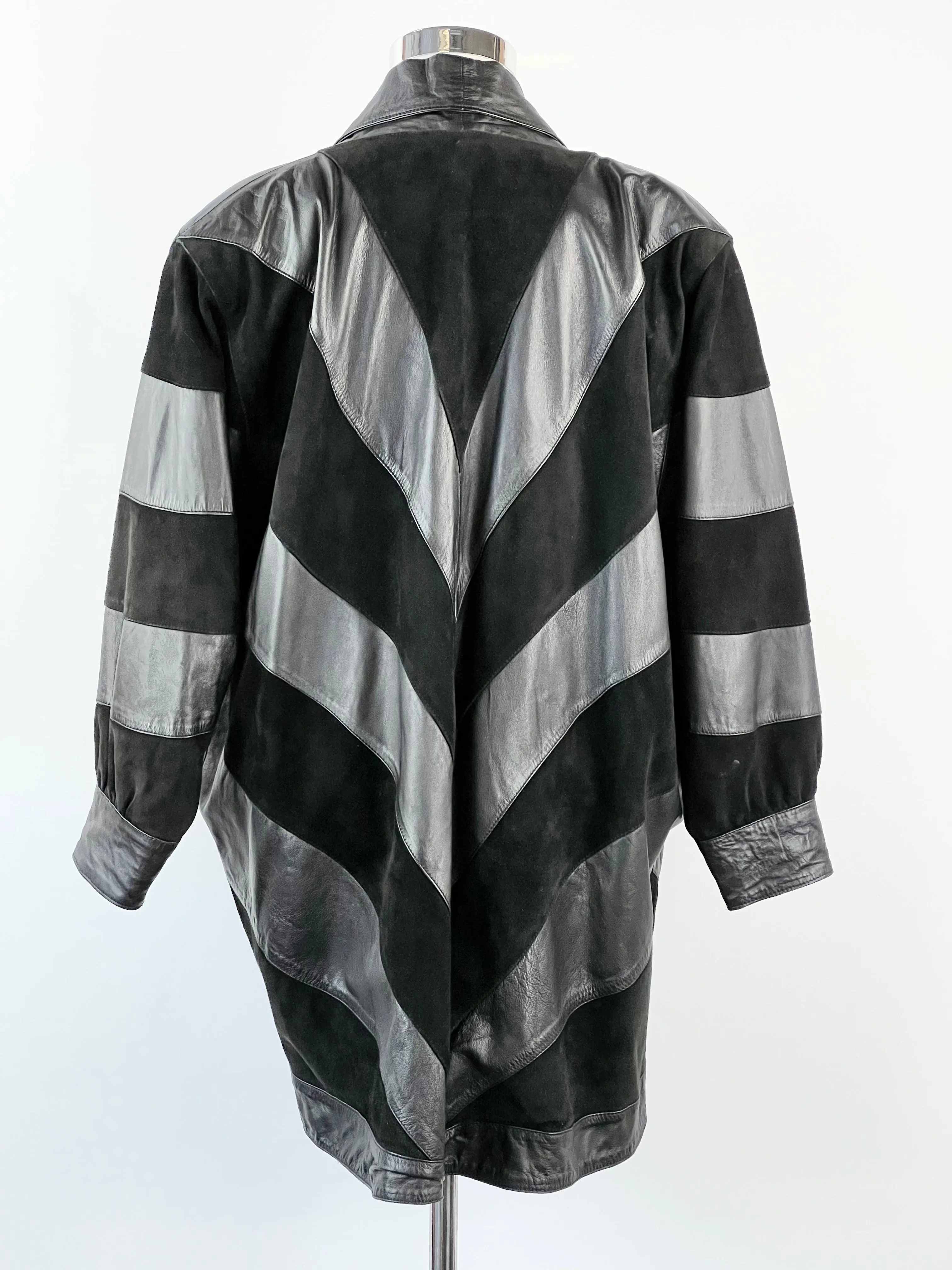 80's Black Leather   Suede Patchwork Coat - AU14-16