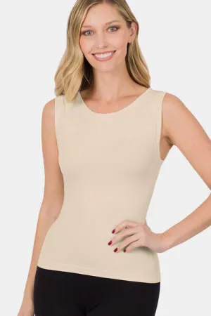 Beige Round Neck Wide Strap Seamless Tank