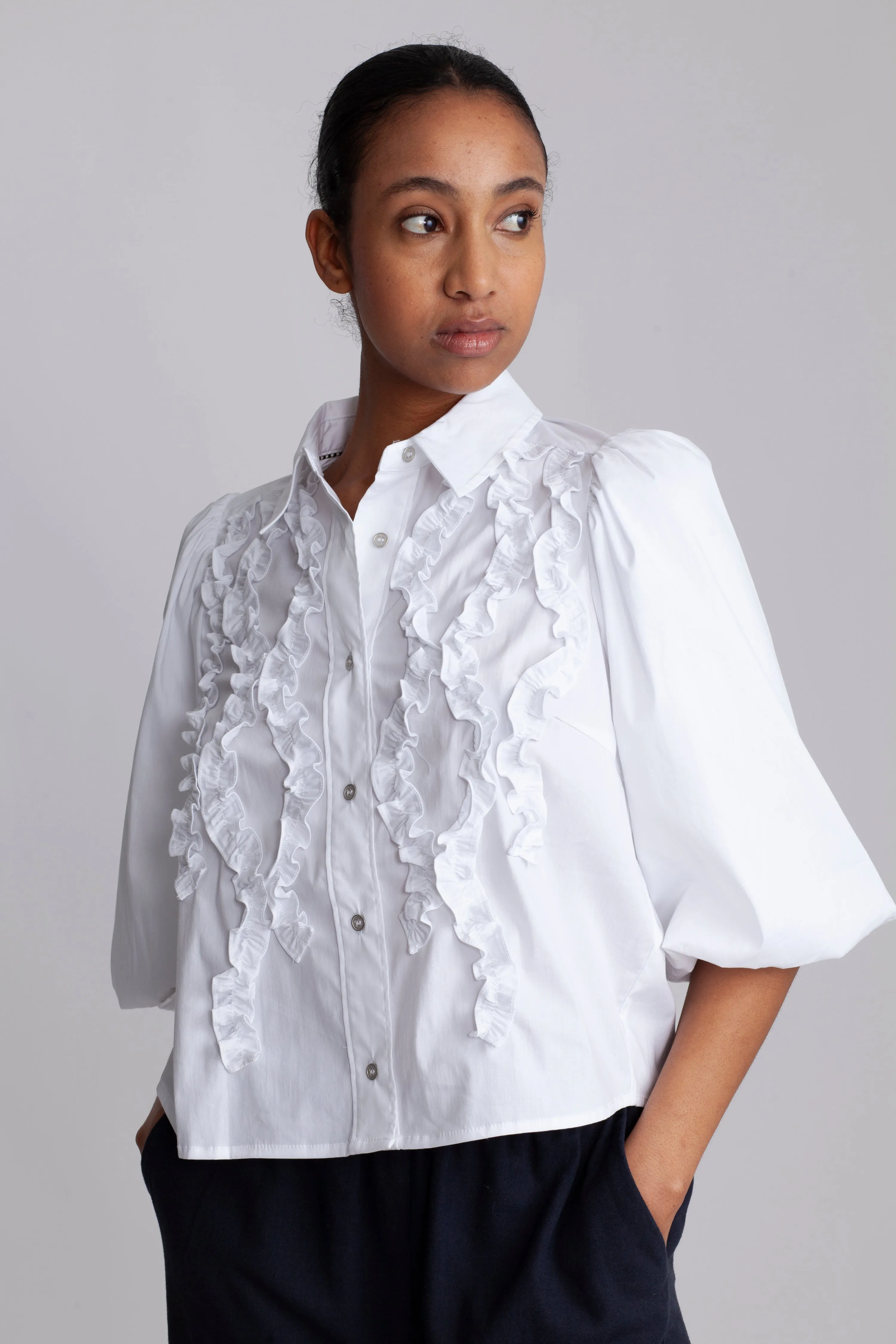 CoCC Crisp Ruffle Puff Shirt - White