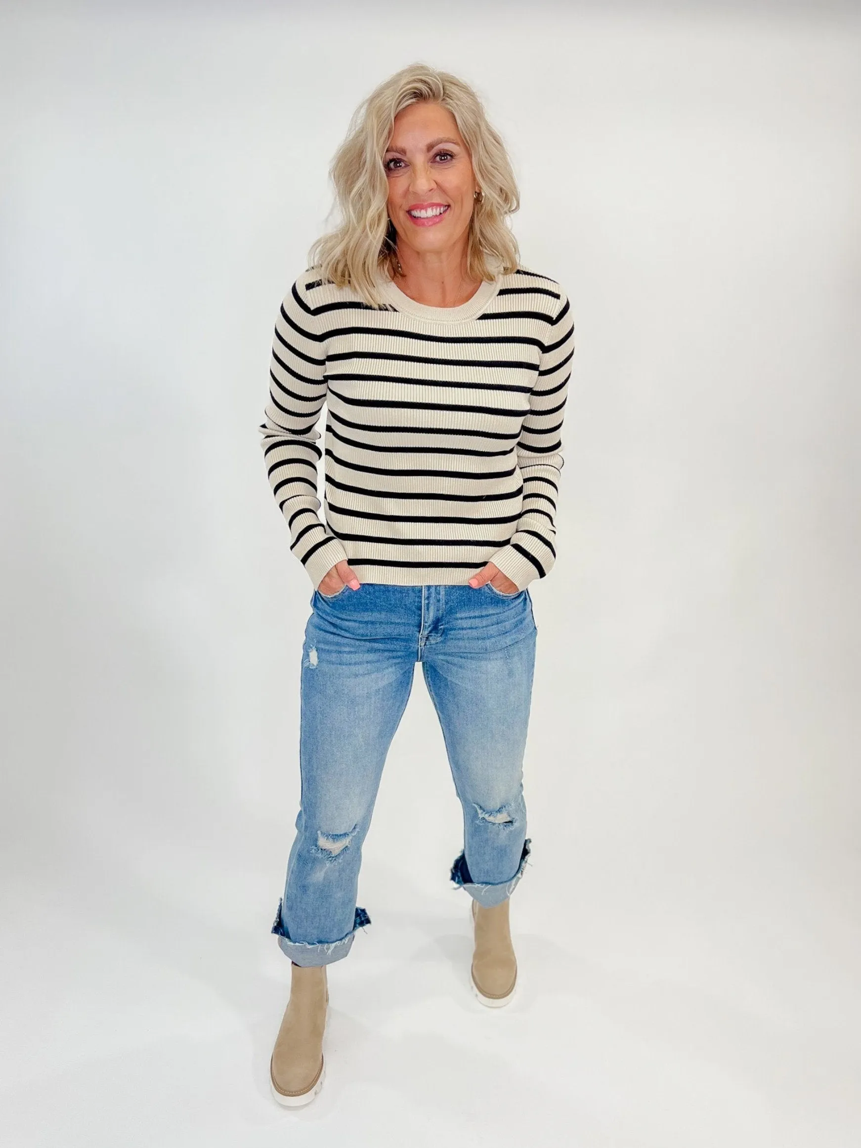 Dancing in the Streets Stripe Sweater, Taupe/Black