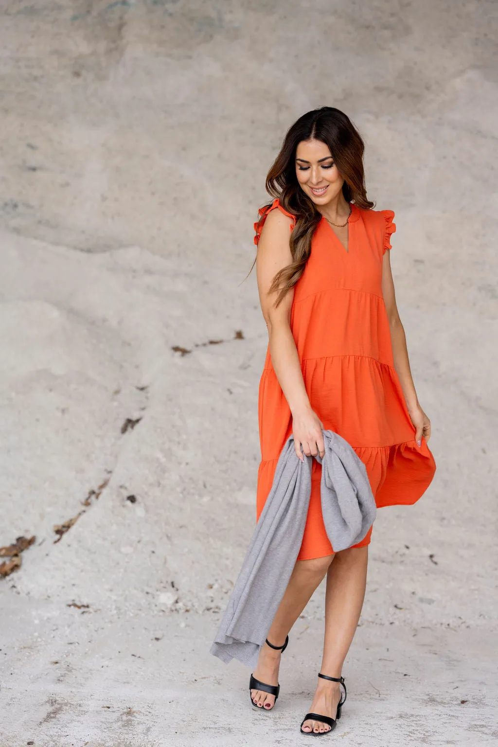 Flutter Trim Tiered Midi Dress