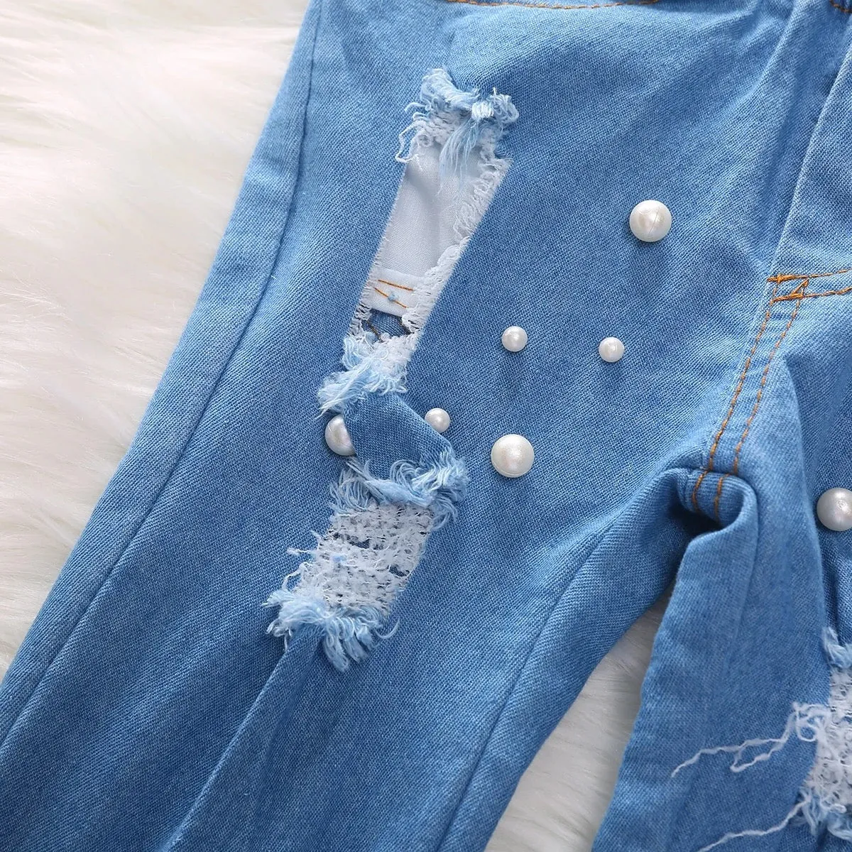 Girls Stylish Pearls Ripped Stretchable Jeans