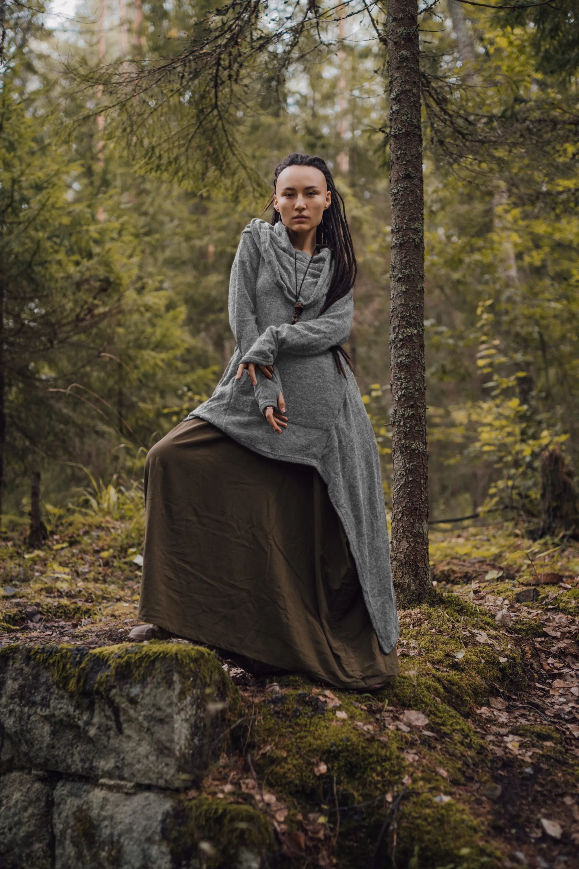 Long Hooded Sweater Coat Sheela Light Grey