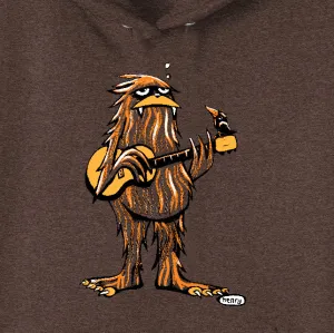 Sasquatch Playing Guitar Heathered Brown Unisex Hoodie | Wearable Art by Seattle Mural Artist Ryan "Henry" Ward