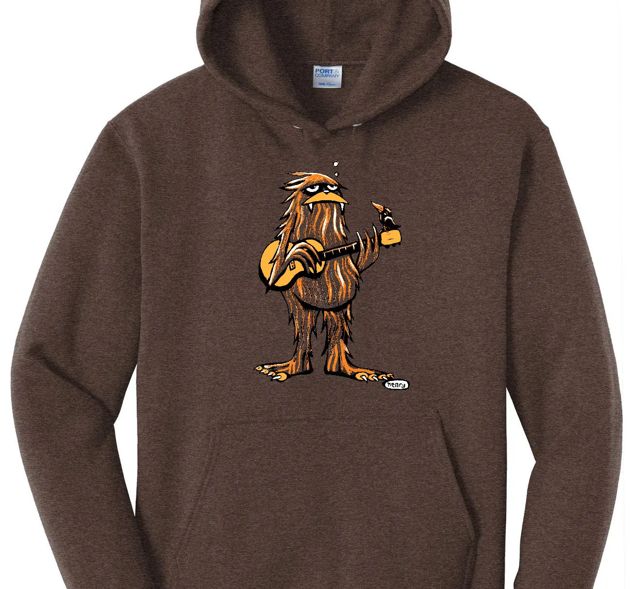 Sasquatch Playing Guitar Heathered Brown Unisex Hoodie | Wearable Art by Seattle Mural Artist Ryan "Henry" Ward
