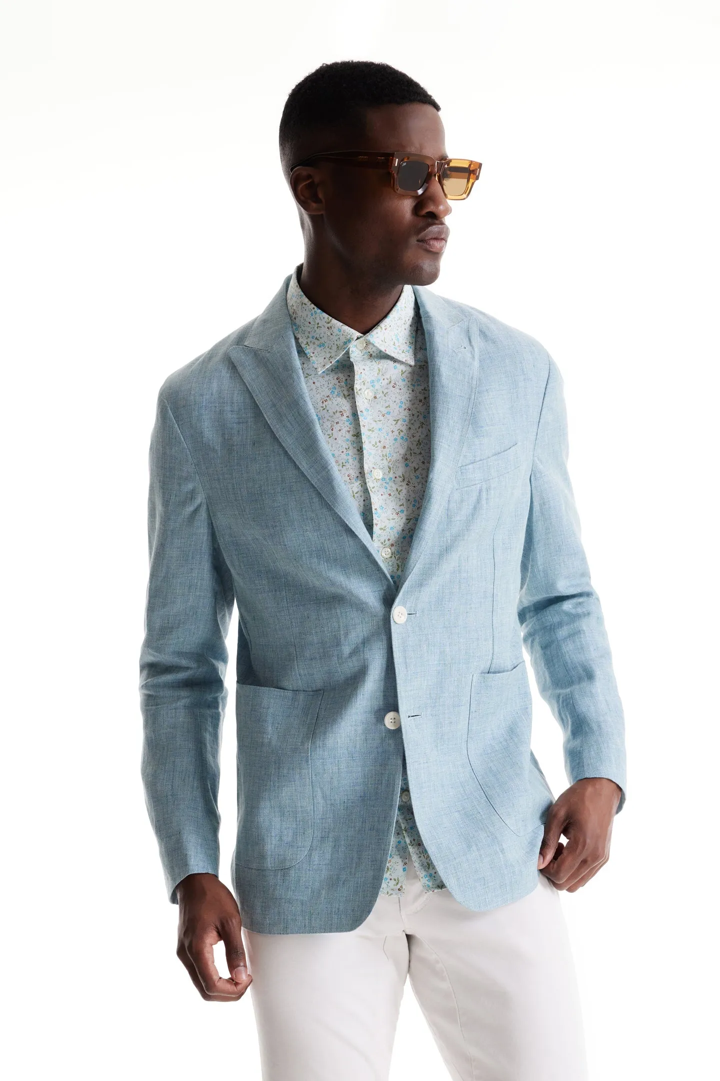 Soft Cloth Peak Lapel Blazer in Heather Slub Linen - Blue Light