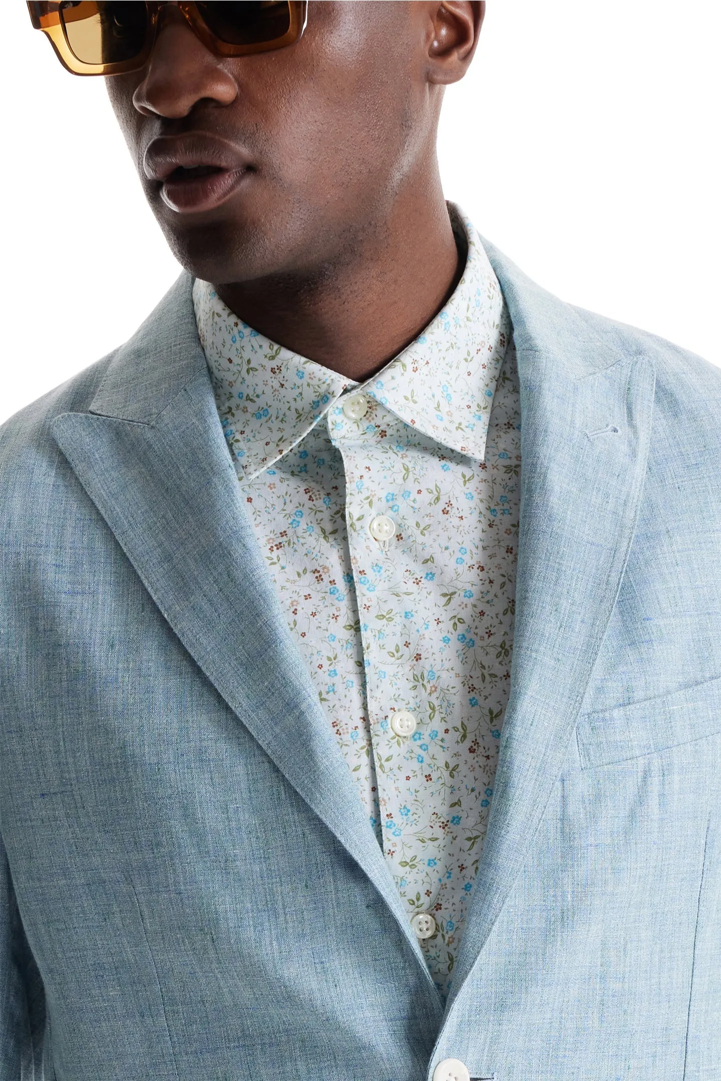 Soft Cloth Peak Lapel Blazer in Heather Slub Linen - Blue Light