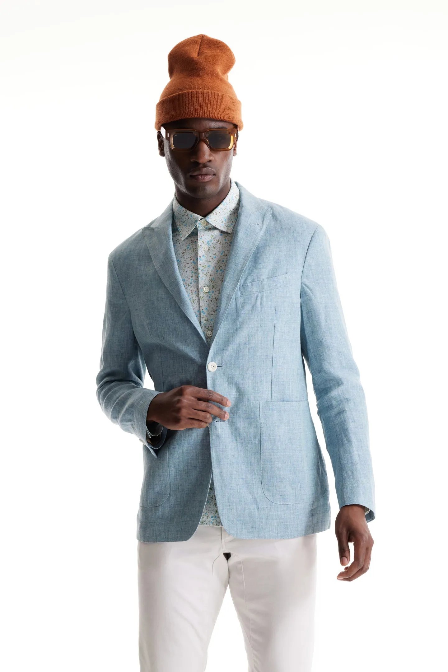 Soft Cloth Peak Lapel Blazer in Heather Slub Linen - Blue Light