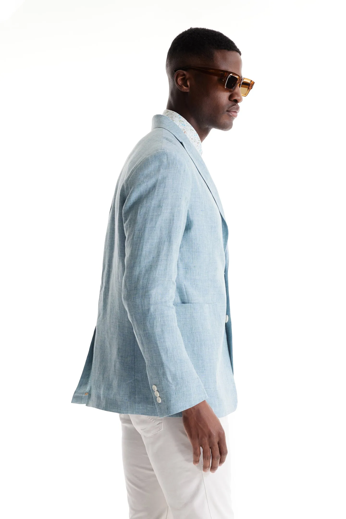 Soft Cloth Peak Lapel Blazer in Heather Slub Linen - Blue Light