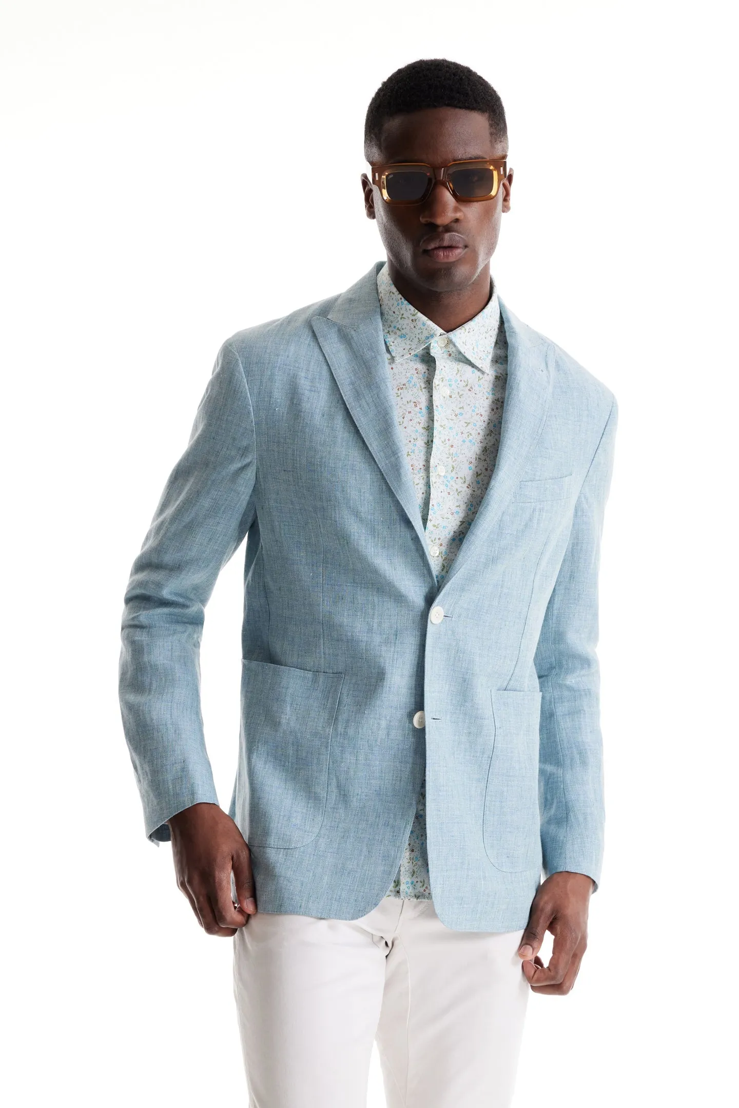 Soft Cloth Peak Lapel Blazer in Heather Slub Linen - Blue Light