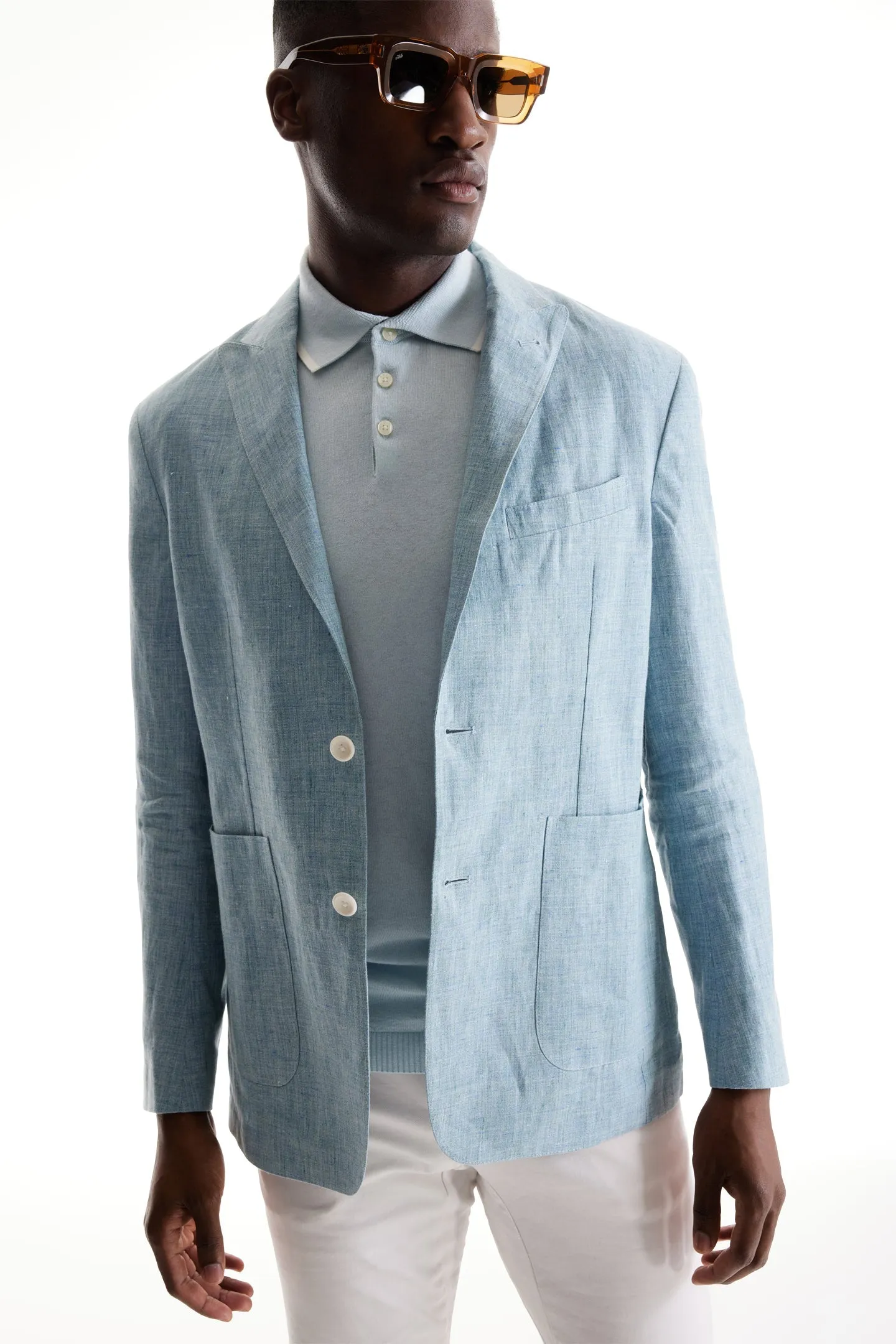 Soft Cloth Peak Lapel Blazer in Heather Slub Linen - Blue Light