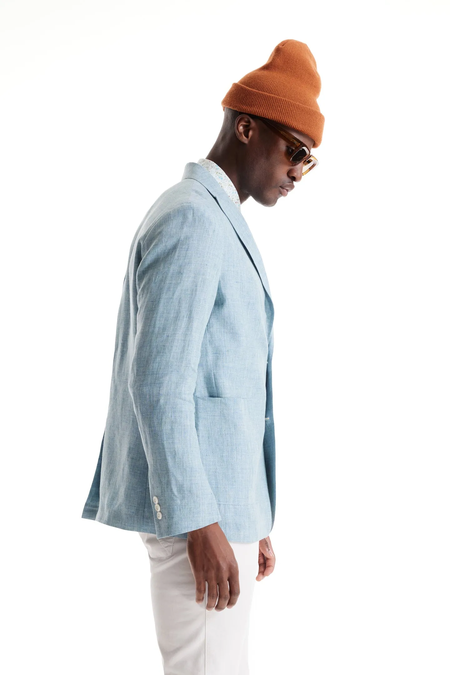 Soft Cloth Peak Lapel Blazer in Heather Slub Linen - Blue Light