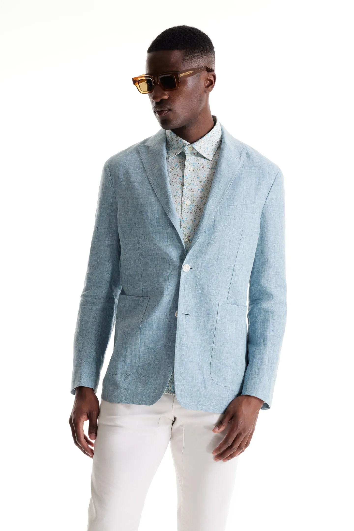 Soft Cloth Peak Lapel Blazer in Heather Slub Linen - Blue Light