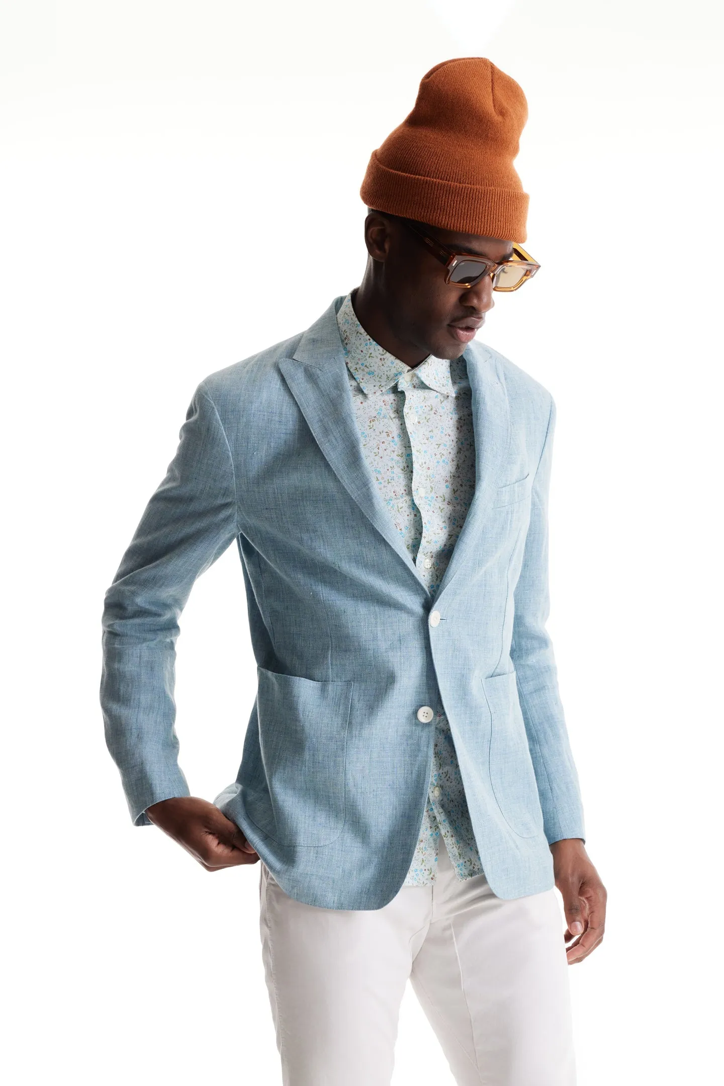 Soft Cloth Peak Lapel Blazer in Heather Slub Linen - Blue Light