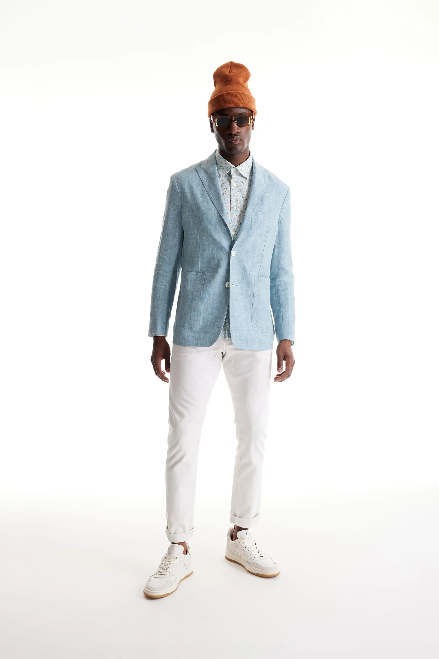Soft Cloth Peak Lapel Blazer in Heather Slub Linen - Blue Light