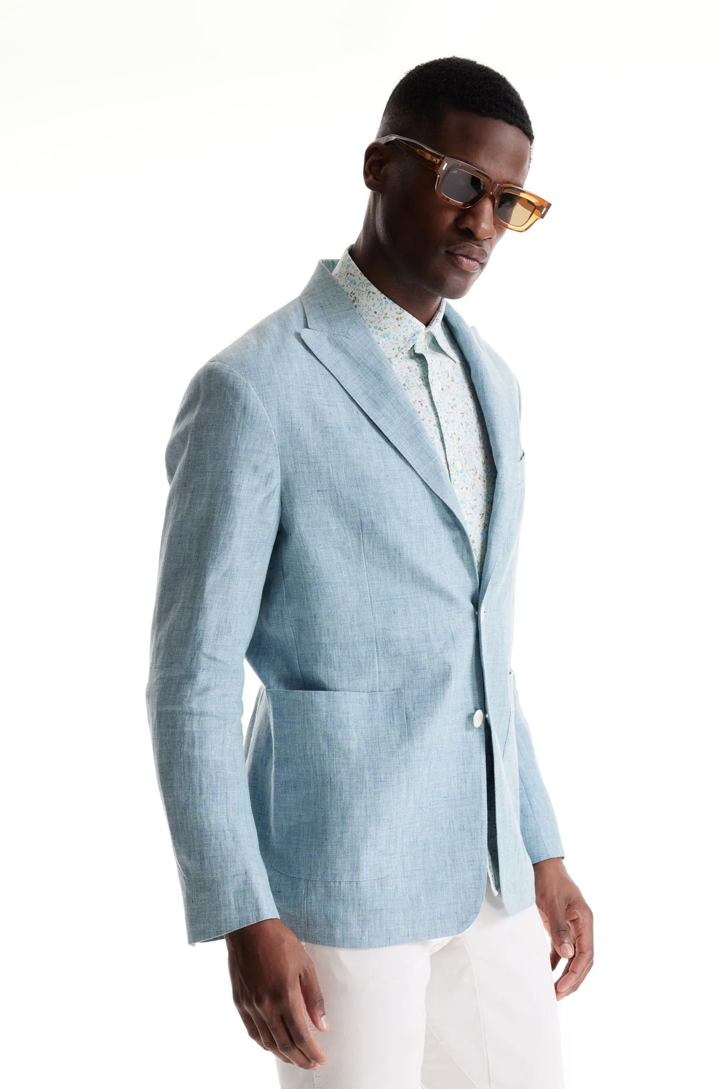 Soft Cloth Peak Lapel Blazer in Heather Slub Linen - Blue Light