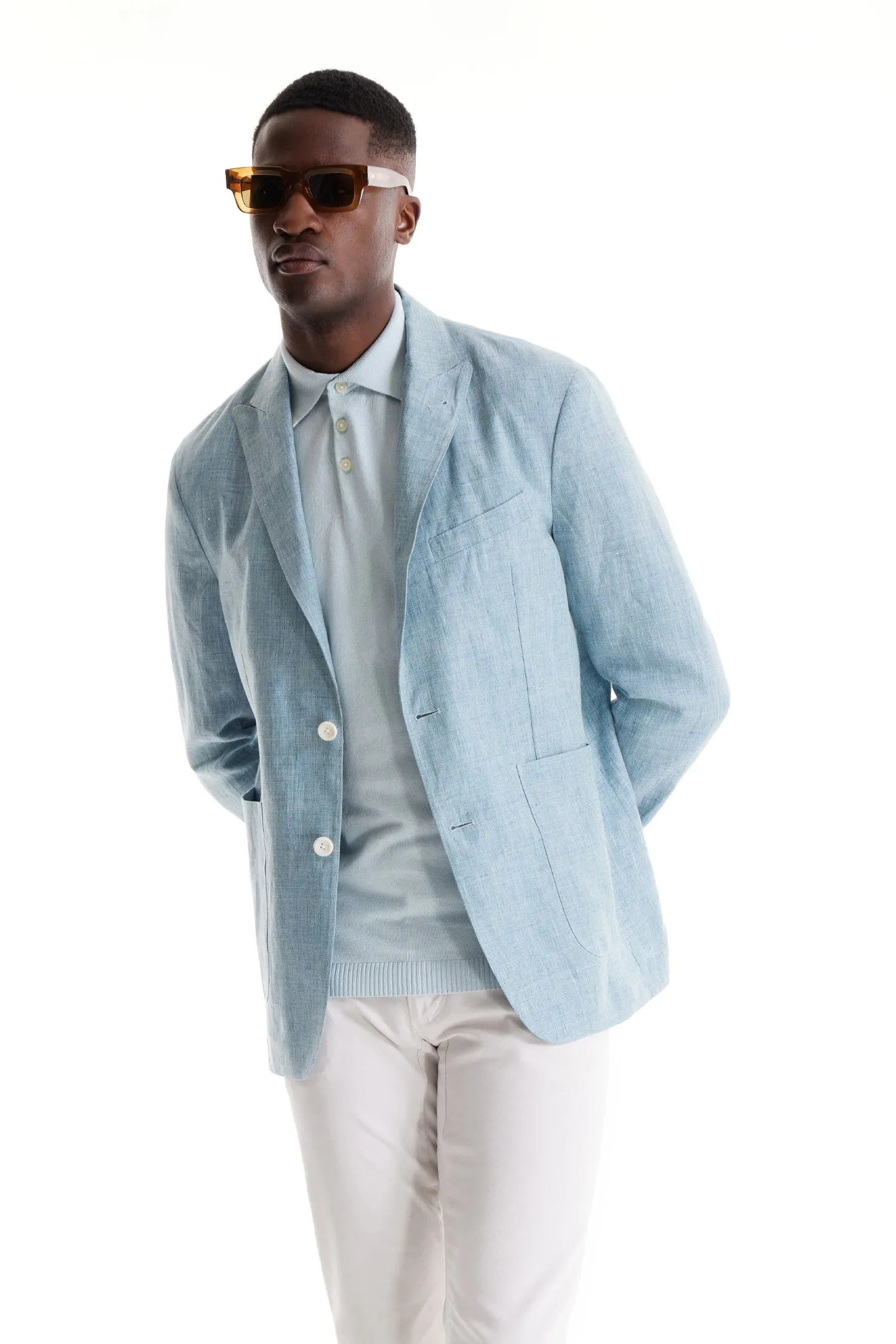 Soft Cloth Peak Lapel Blazer in Heather Slub Linen - Blue Light