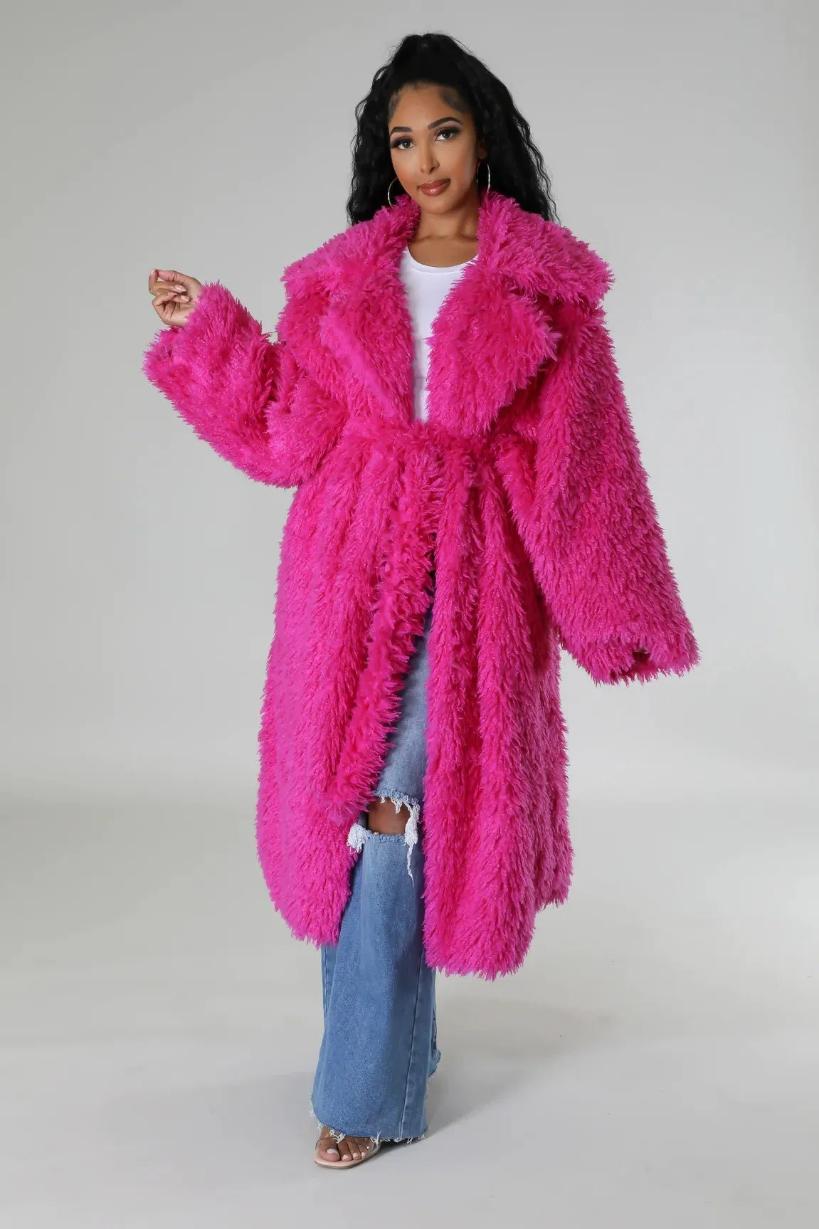 Warm Long Pink Fuzzy Fur Winter Jacket