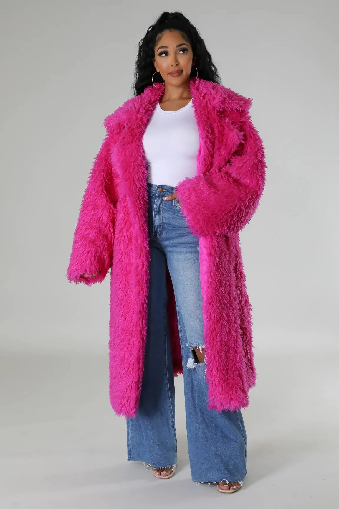 Warm Long Pink Fuzzy Fur Winter Jacket