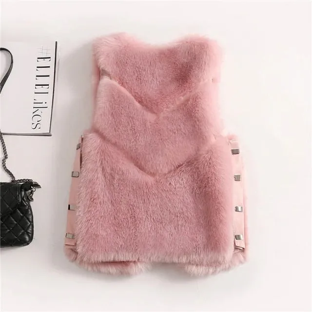 Winter Fur Vest Women Solid Color Chic Side Buckle Short Sleeveless Vest Jacket Slim Loose Plus Velvet Thickening Women Clothing